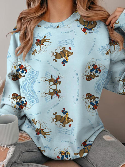 Women's Cowboys Print Round Neck Long Sleeve Top