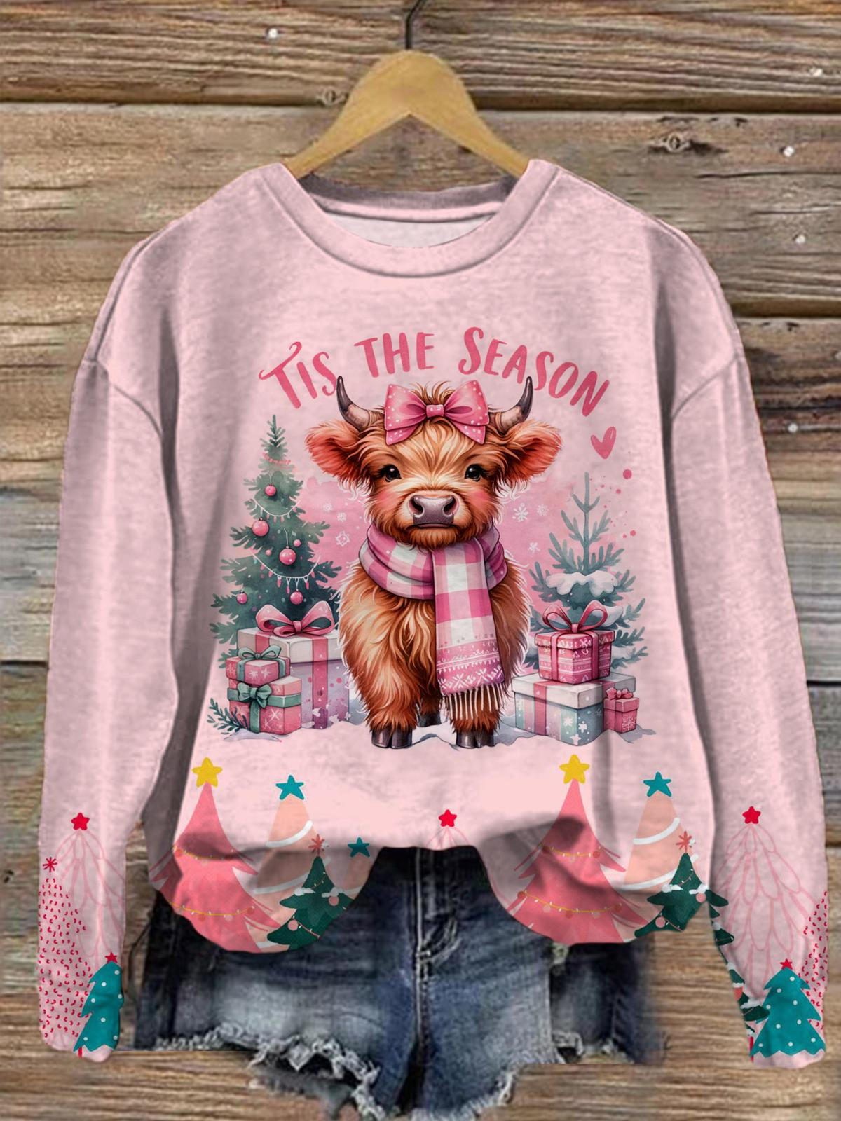 Women's Pink Christmas Cow Gift Round Neck Long Sleeve Top