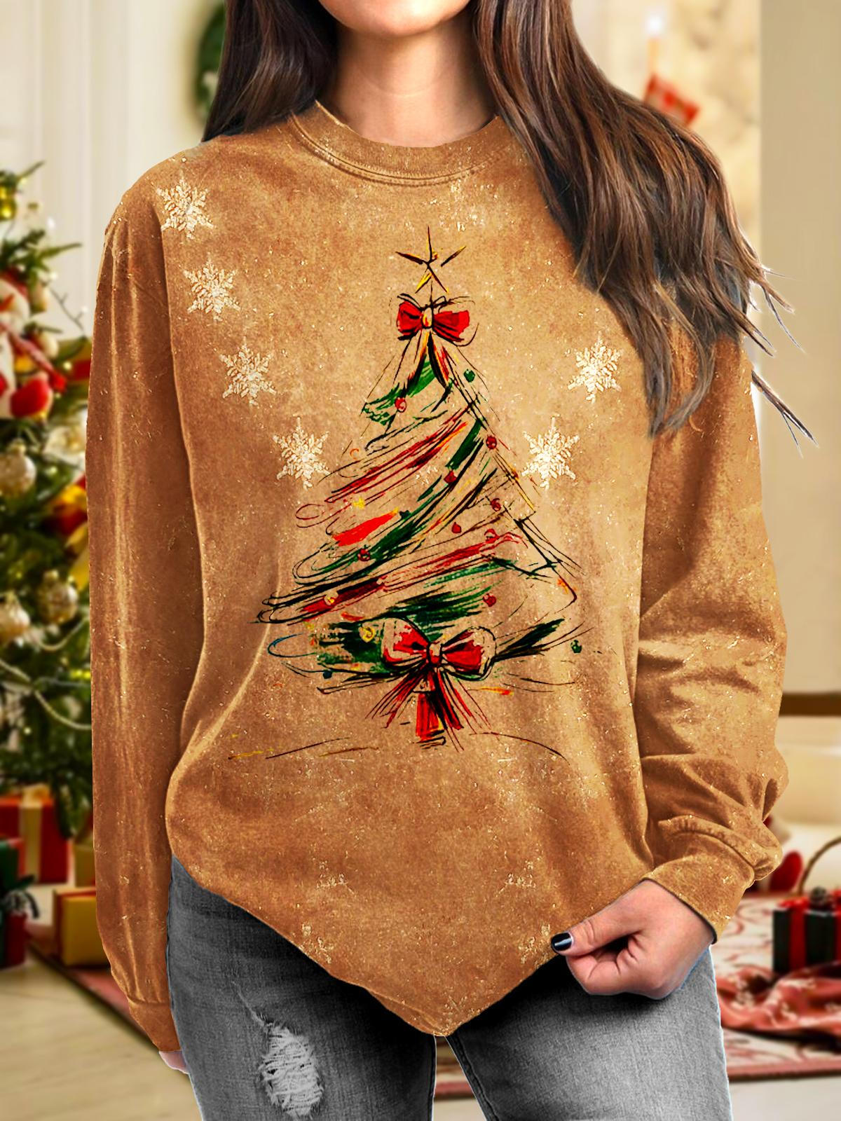 Women's Winter Vintage Christmas Tree Printed Long Sleeve Casual Top