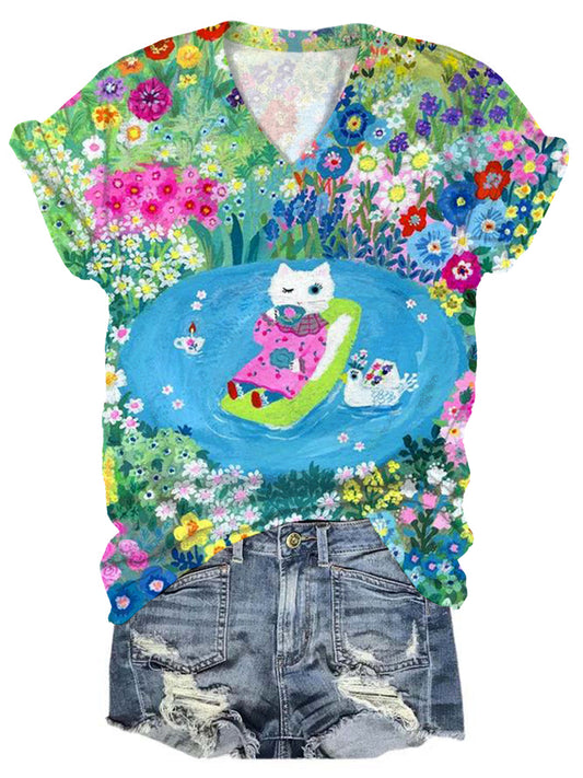 Floral Lake Kitten V-Neck Short Sleeve T-Shirt