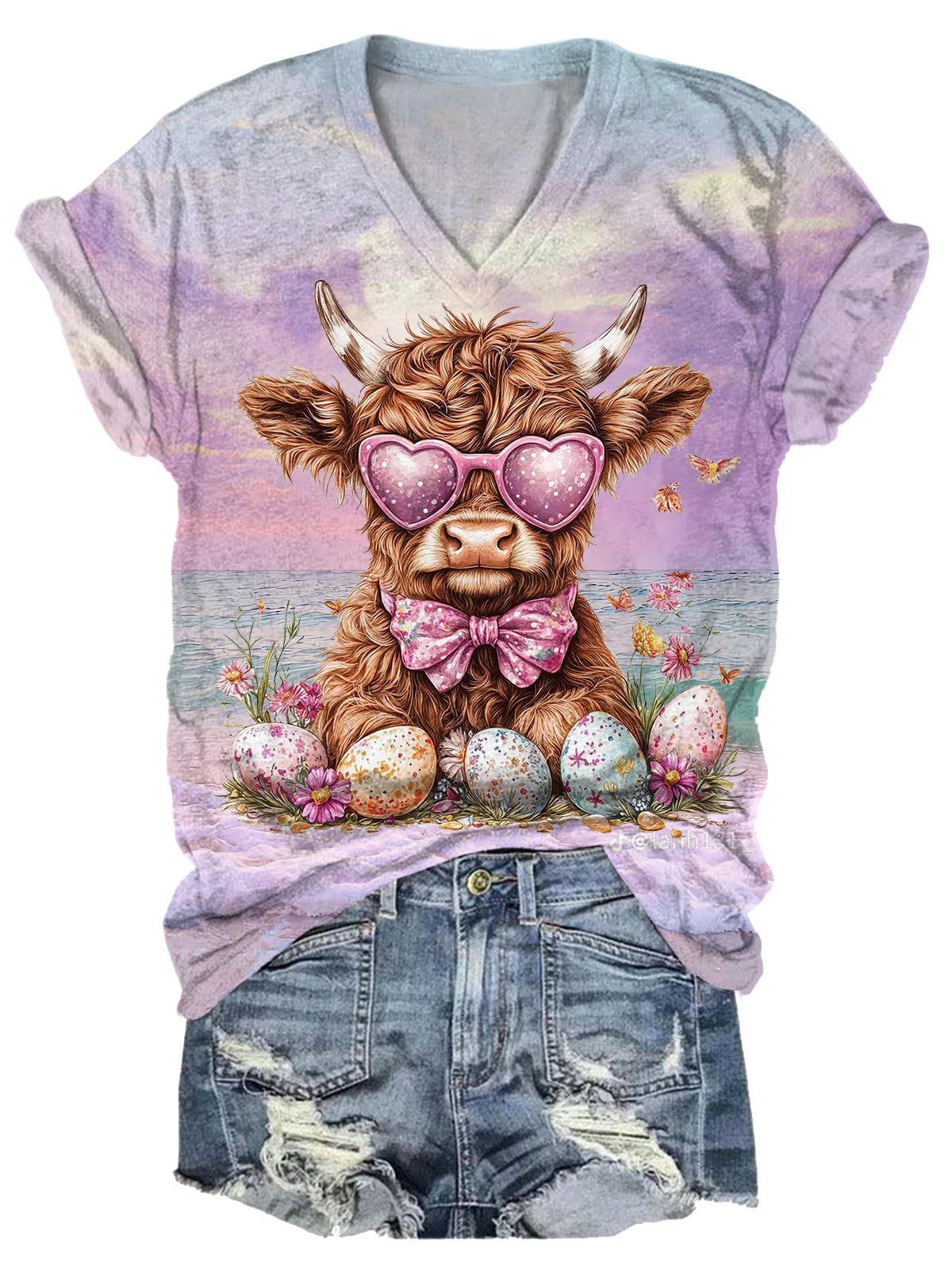 Easter Day Happy Holiday Cute Cow Casual Holiday Print T-shirt