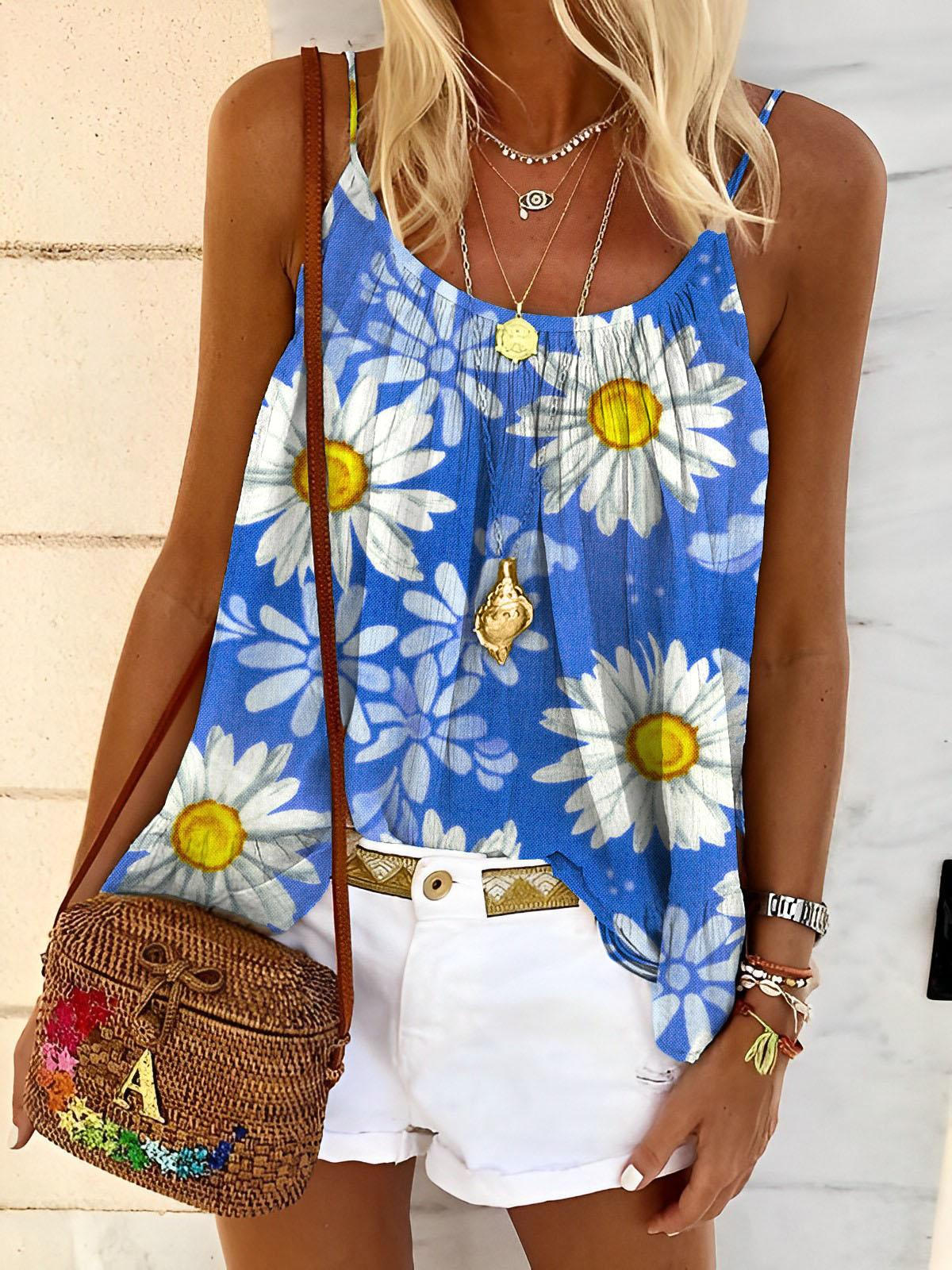 Tie Dye Daisy Simple Floral Print Tank Top