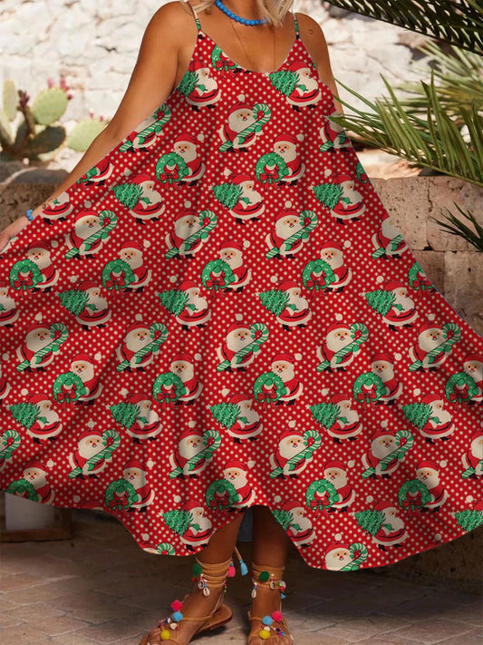 Women's Christmas Cute Santa Claus Polka Dot Printed Suspender Dress