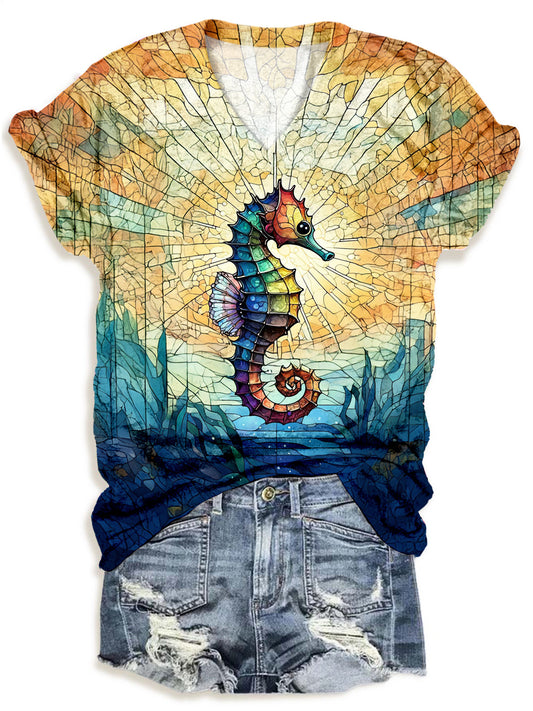 Seahorse Print V-neck T-Shirt