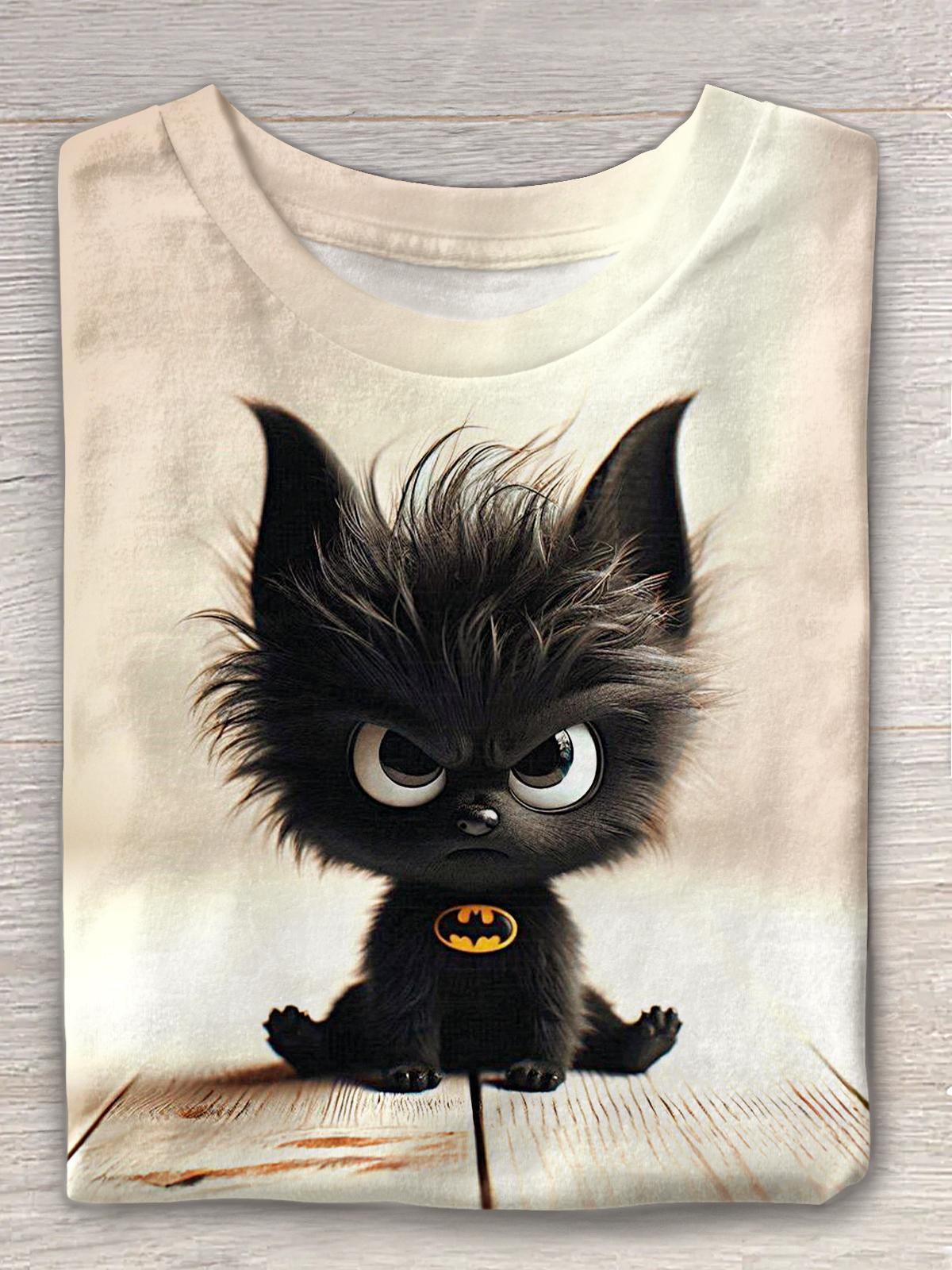 Cute Batman Kitten Print Crew Neck T-shirt