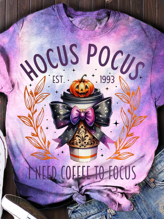 Hocus Pocus I Need Coffee to Focus Print Crew Neck T-shirt