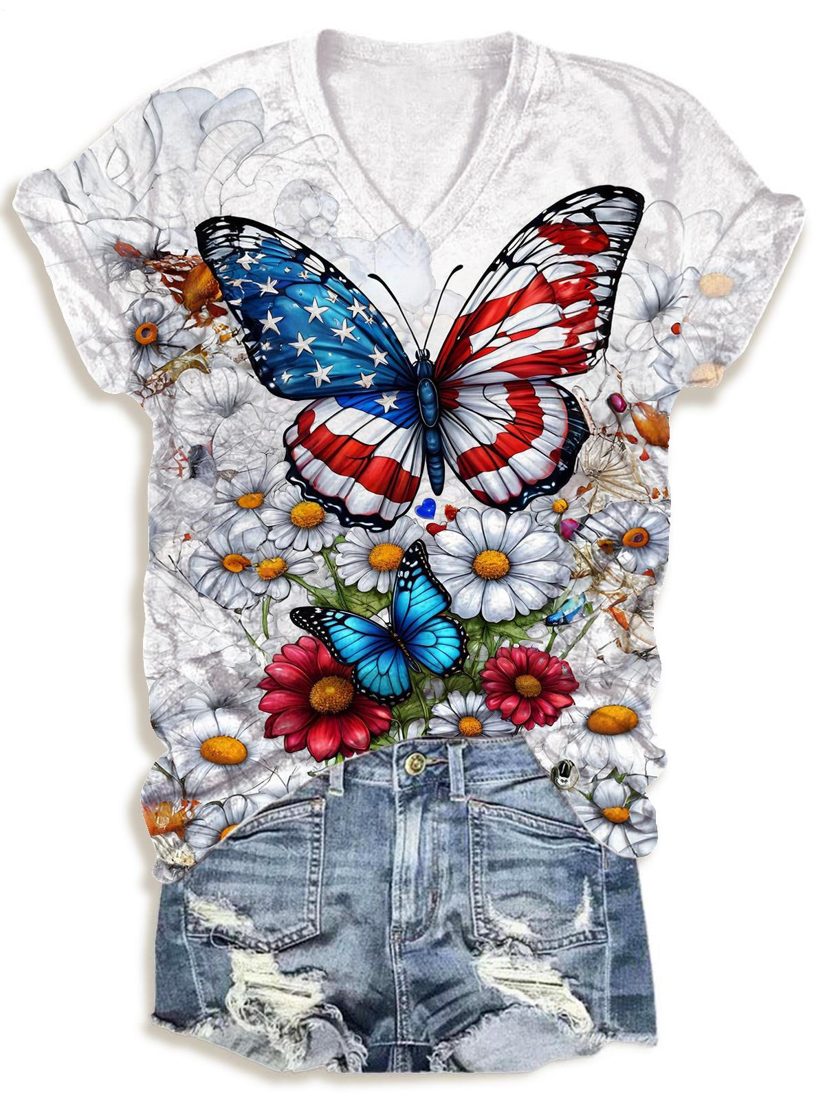 Daisy Flag Butterfly Print V-neck T-Shirt