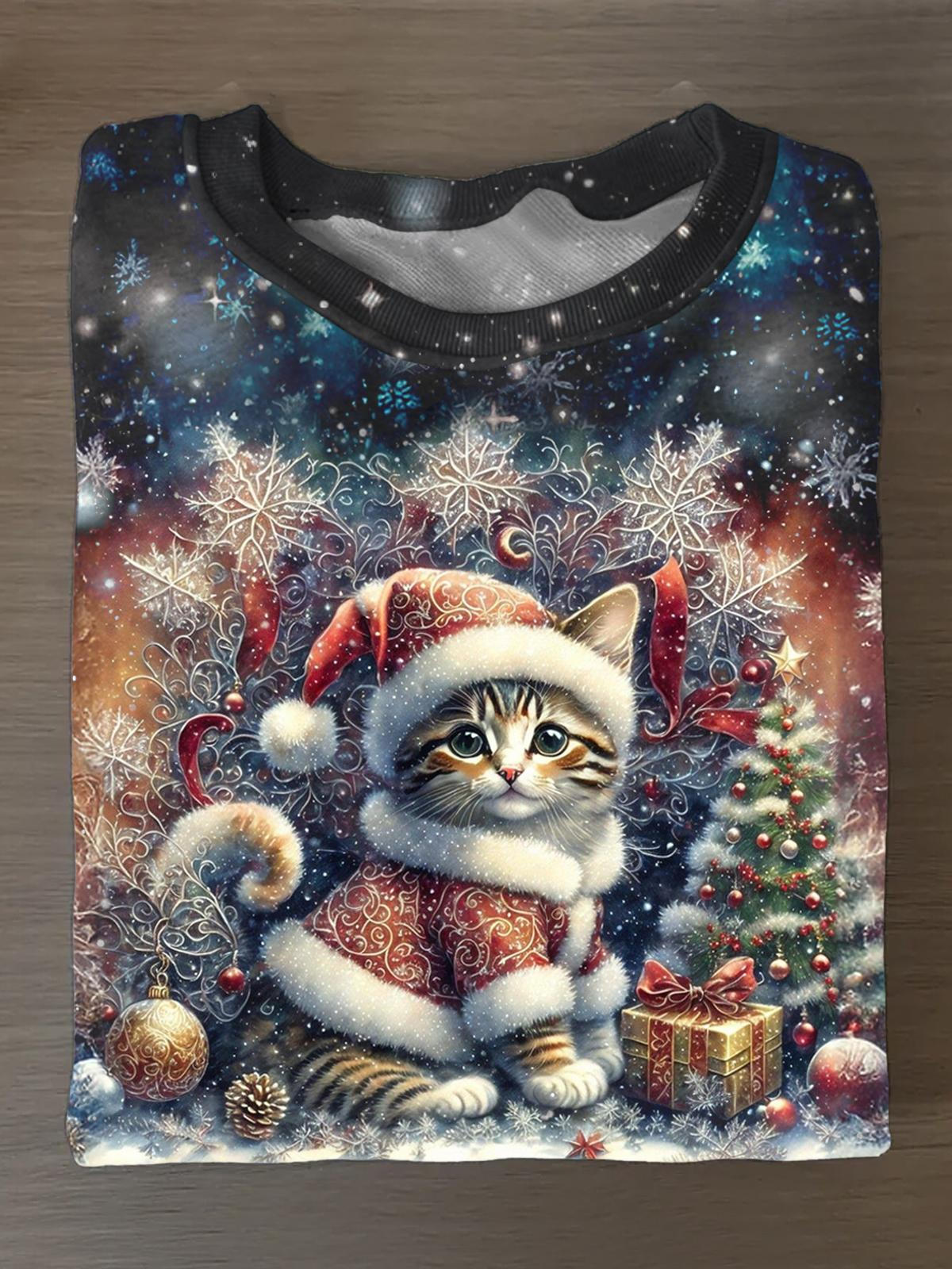 Kitten Christmas Printed Long Sleeve Casual Top