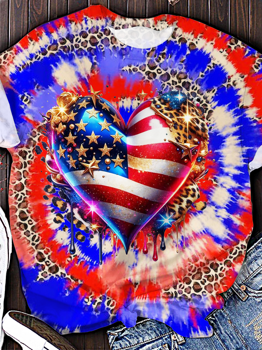 Tie-Dye Leopard Glitter American Heart Art Crew Neck T-shirt