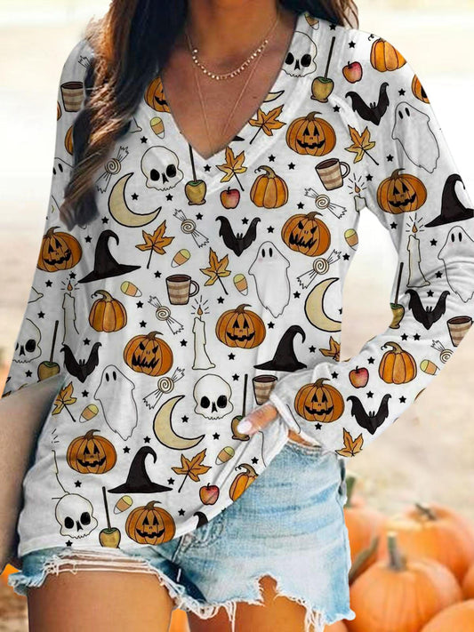 Halloween Pumpkin Spooky Print V-Neck Long Sleeved T-Shirt