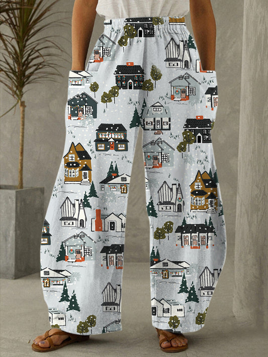 House Covered In Snow Print Casual Pants