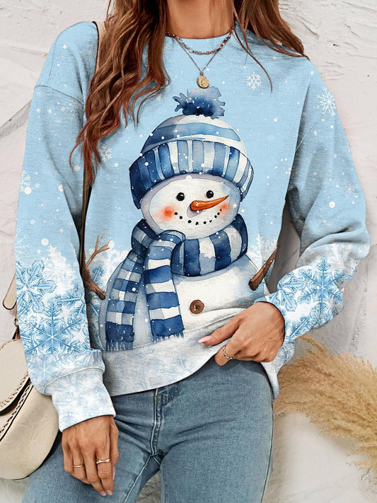 Women's Blue Snowman Print Casual Long Sleeve Top