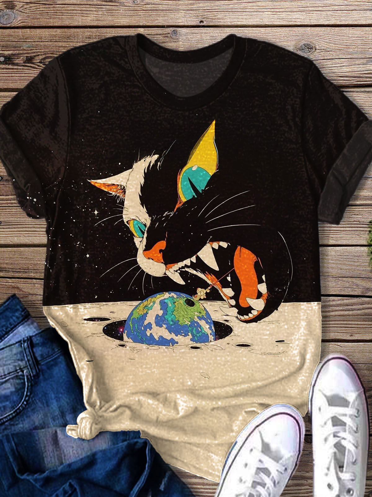 Mixed World Crazy Cat Vintage Print Casual T-shirt