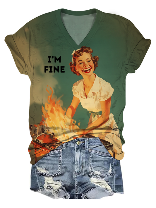 Funny I'm Fine Cooking On Fire V-Neck T-Shirt