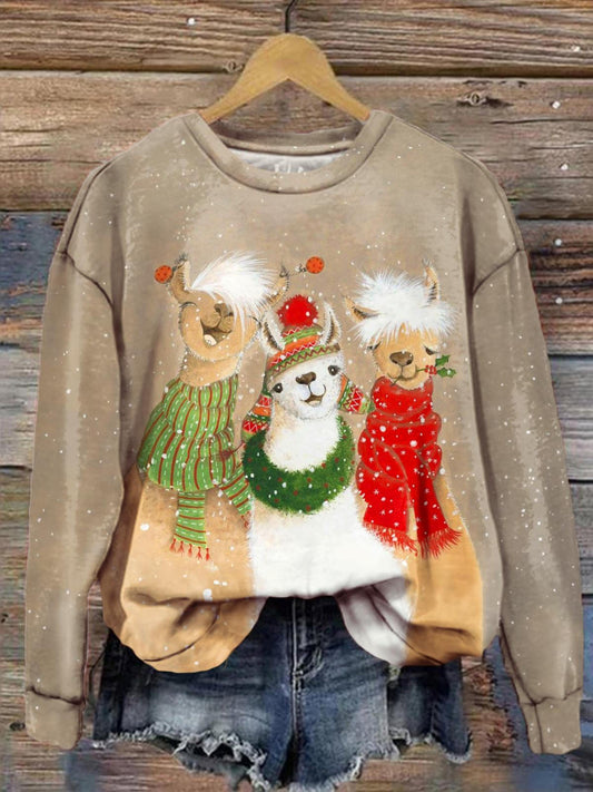 Women's Christmas Alpaca Vintage Print Long Sleeve Top