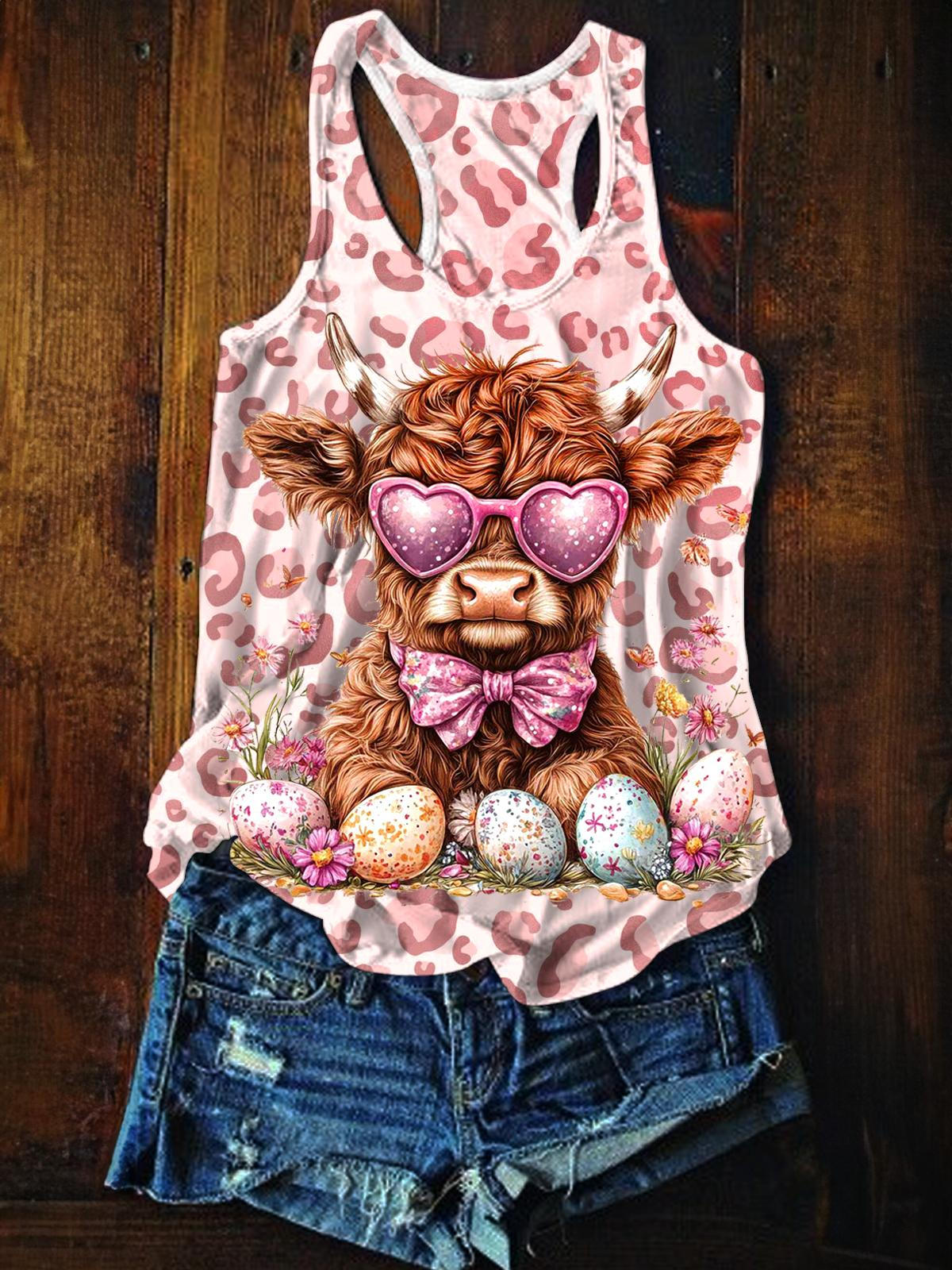 Easter Highland Cow Printed Casual Tank Top