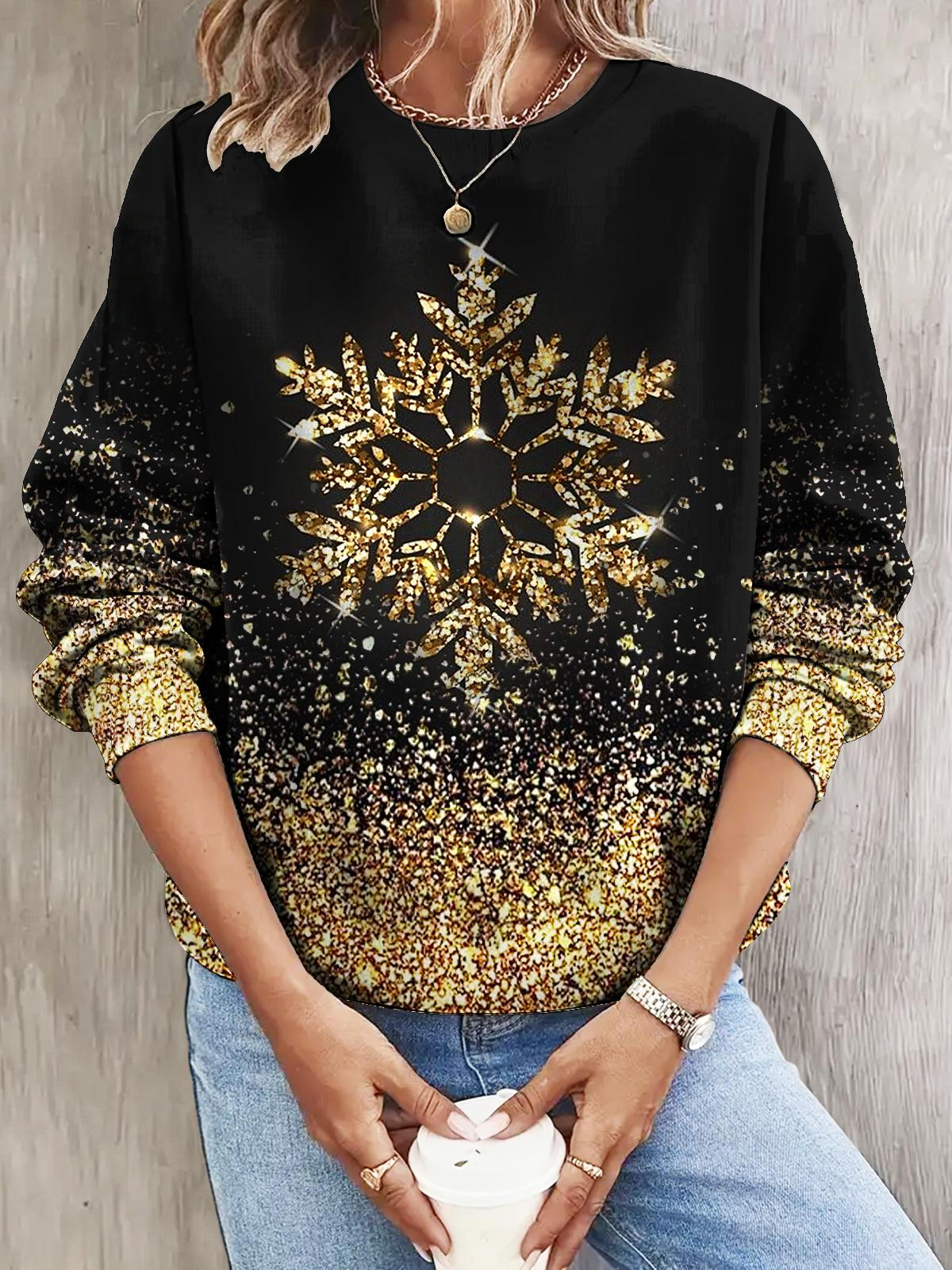 Women's Gold Christmas Snowflake Long Sleeve Casual Top