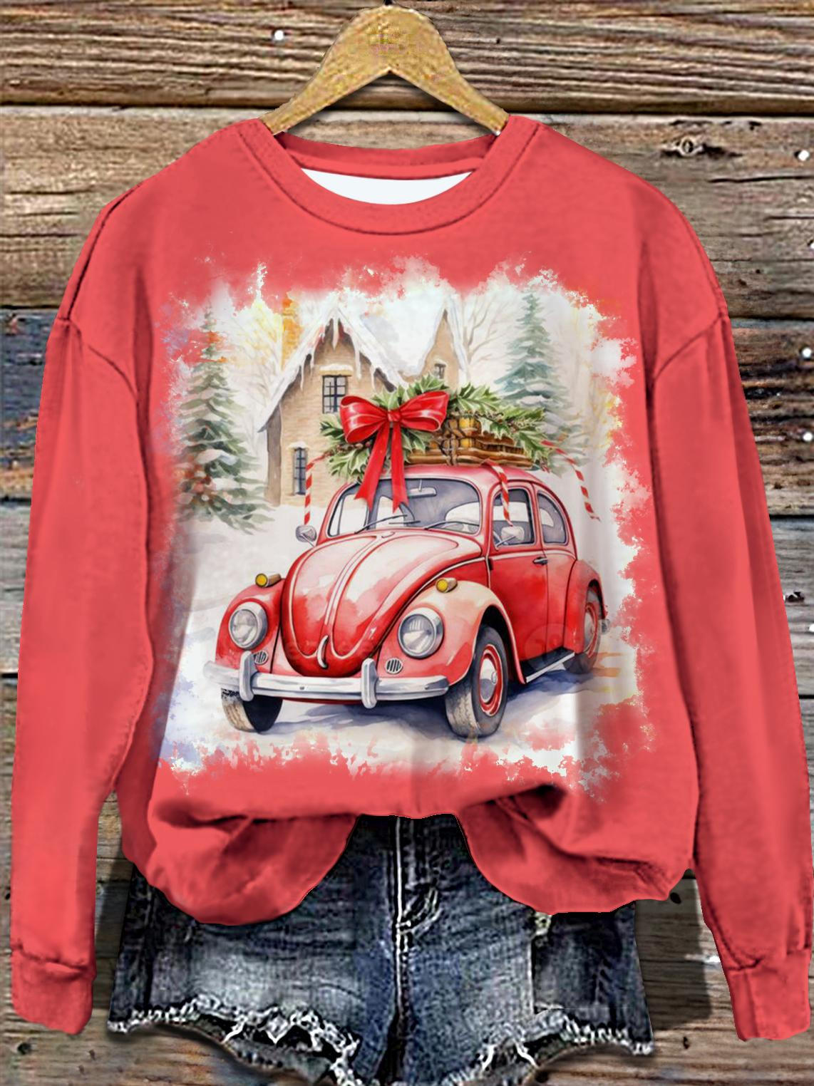 Women's Christmas Little Red Car Festival Christmas Tree Printed Round Neck Long Sleeve Top