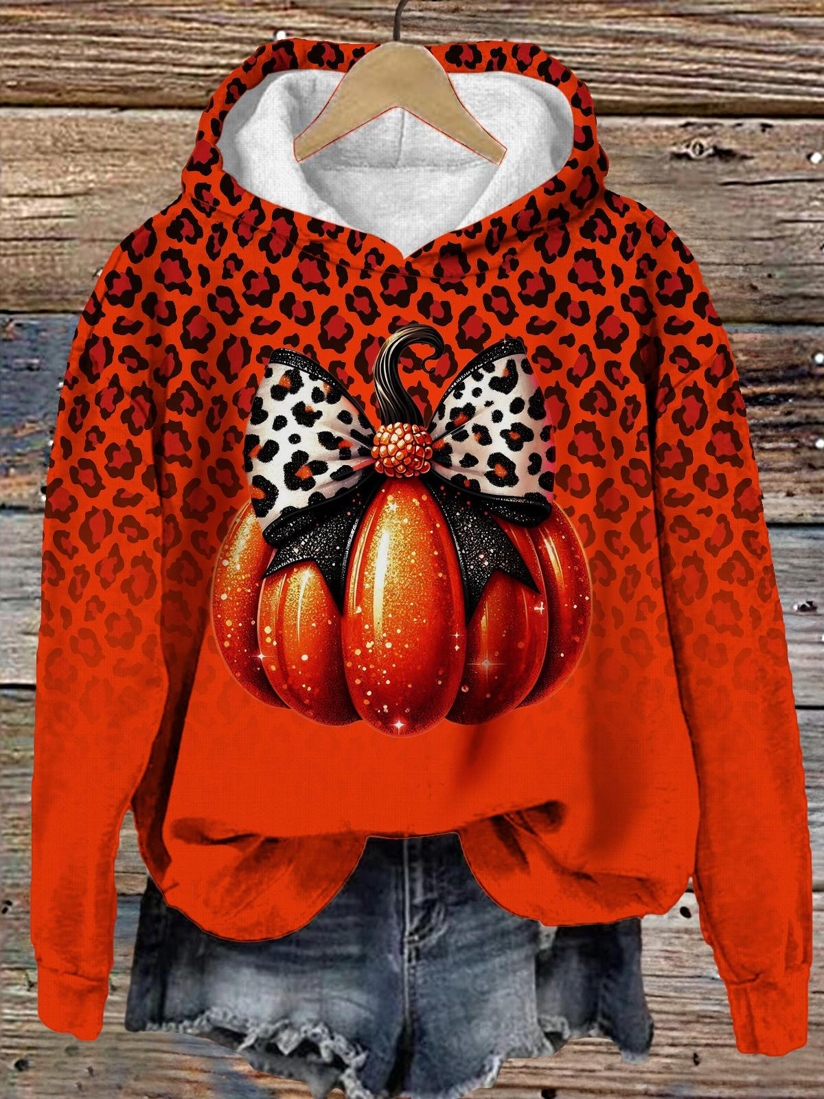 Women's Autumn Leopard Pumpkin Print Long Sleeve Printed Hoodie