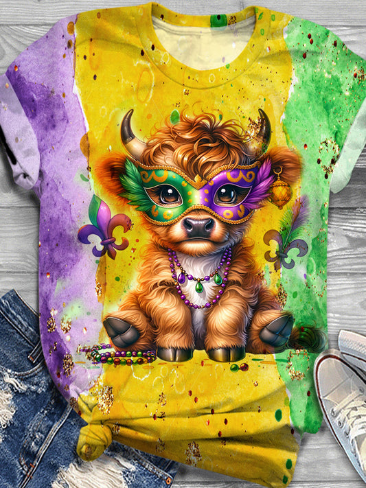 Mardi Gras Highland Cute Cow Crew Neck T-shirt