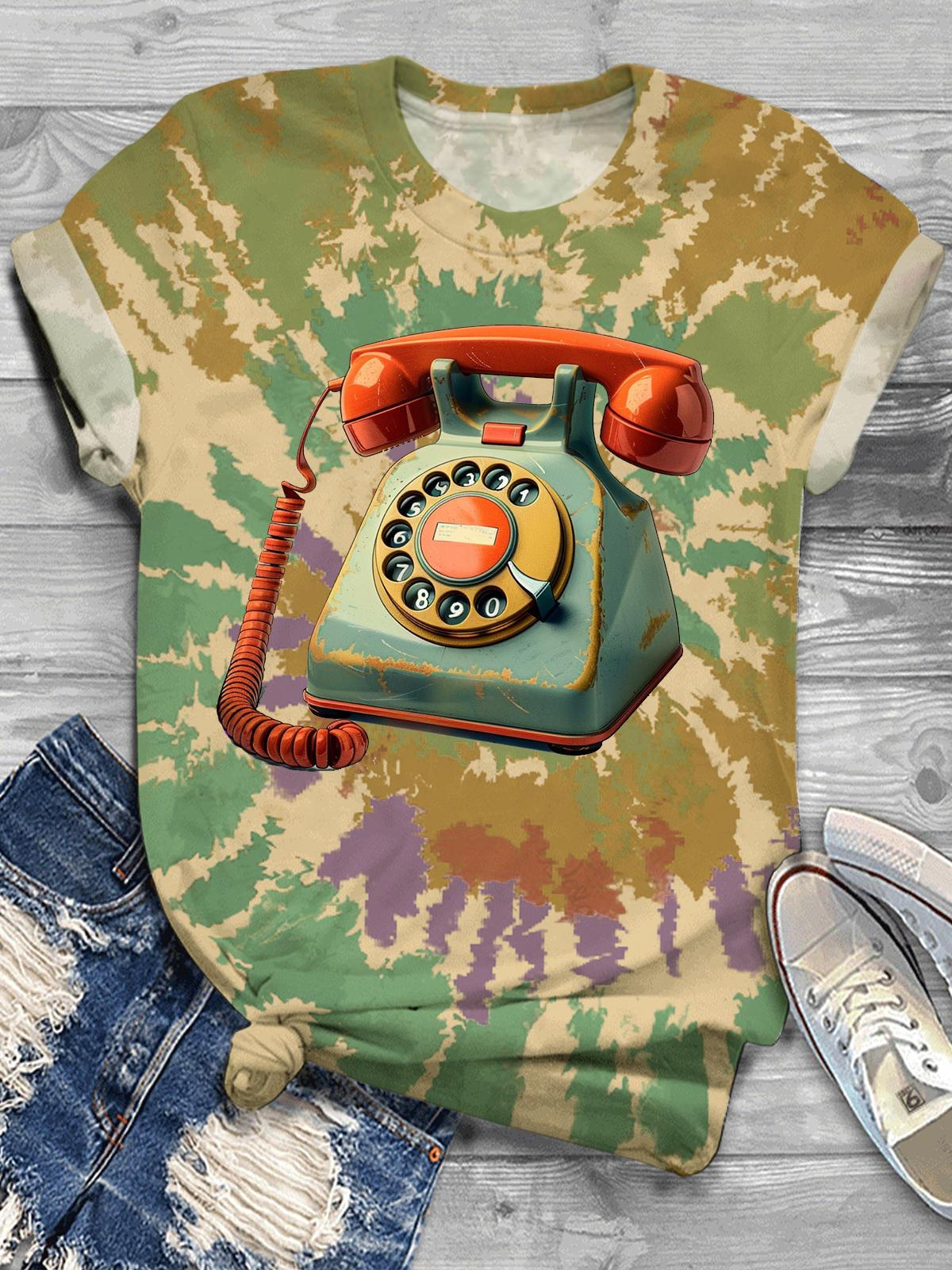 Women's Retro Telephone Printed Casual Short Sleeve T-Shirt