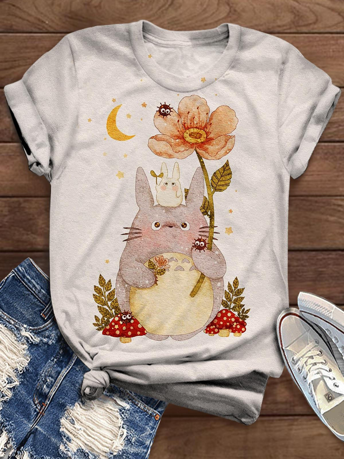 Women's Cartoon Illustration Floral Cute Print Casual T-shirt