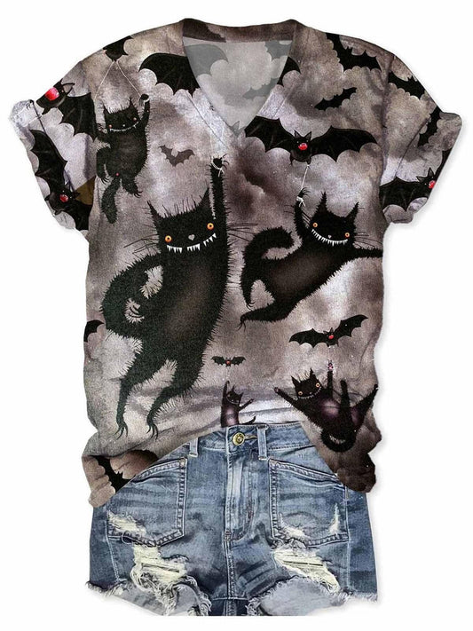 Black Cat Bat Print V Neck T-Shirt