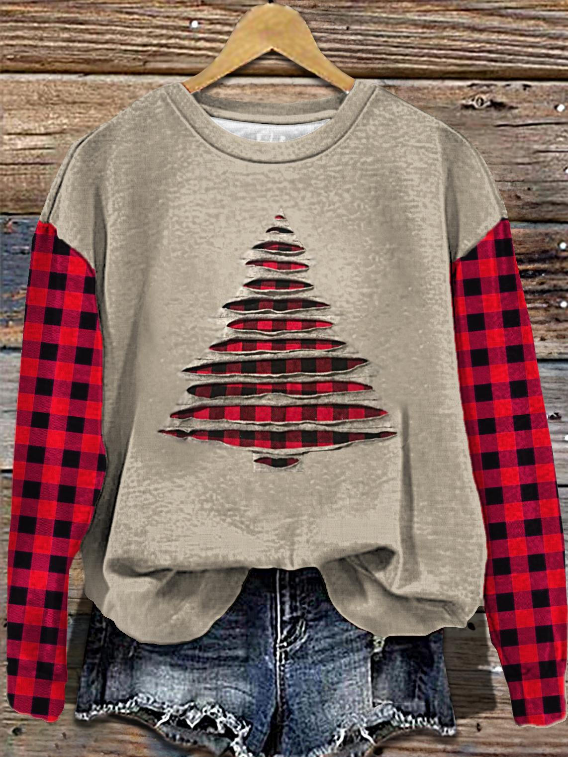 Women's Plaid Christmas Tree Rip Print Long Sleeve Casual Top