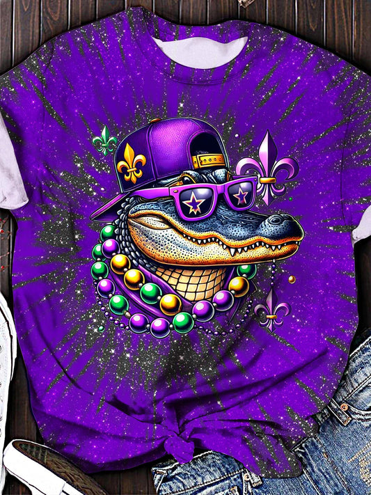 Vintage Mardi Gras Crocodile Print Crew Neck T-shirt