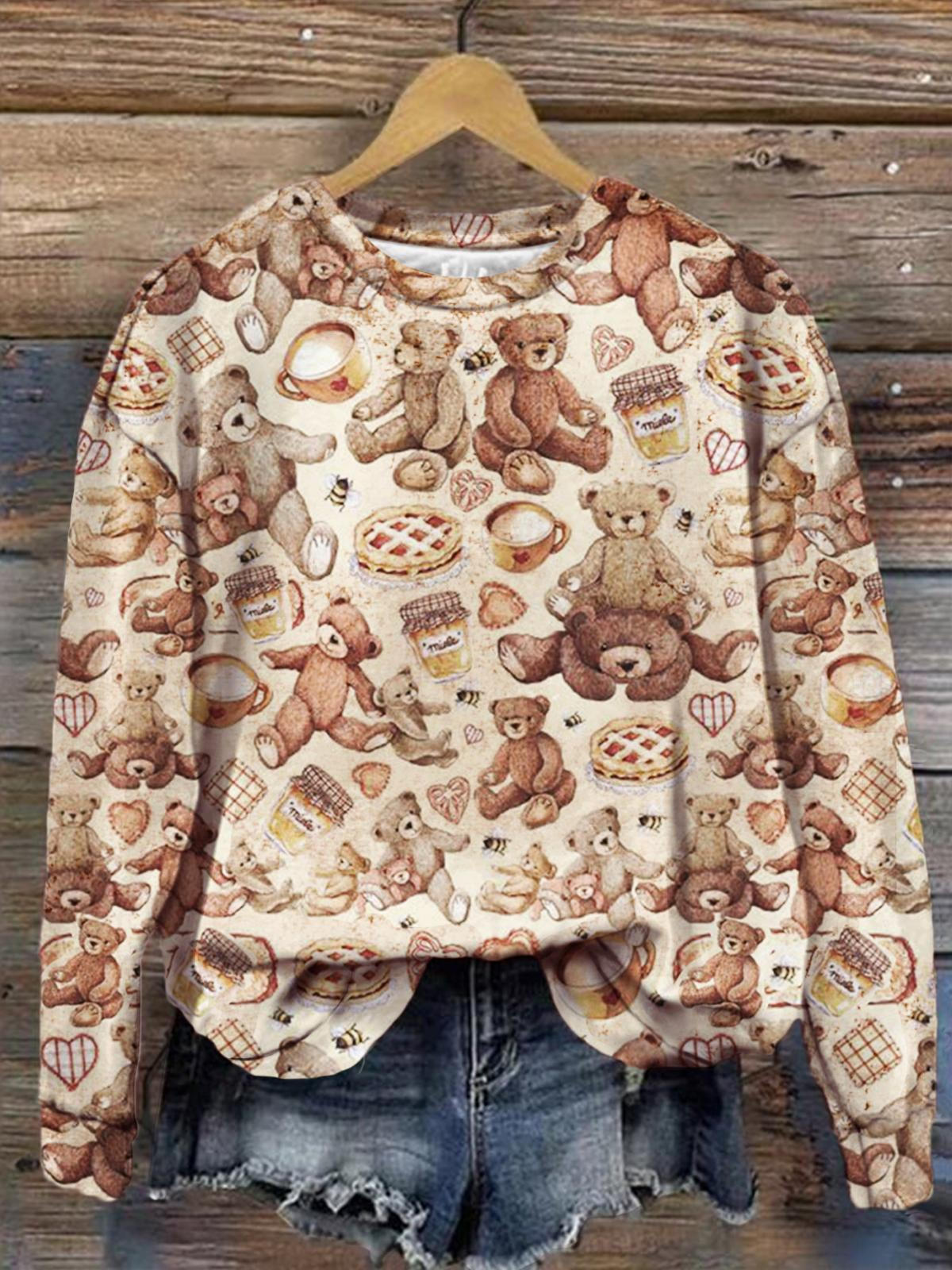 Women's Cute Winter Bear Honey Love Retro Print Long Sleeve Top