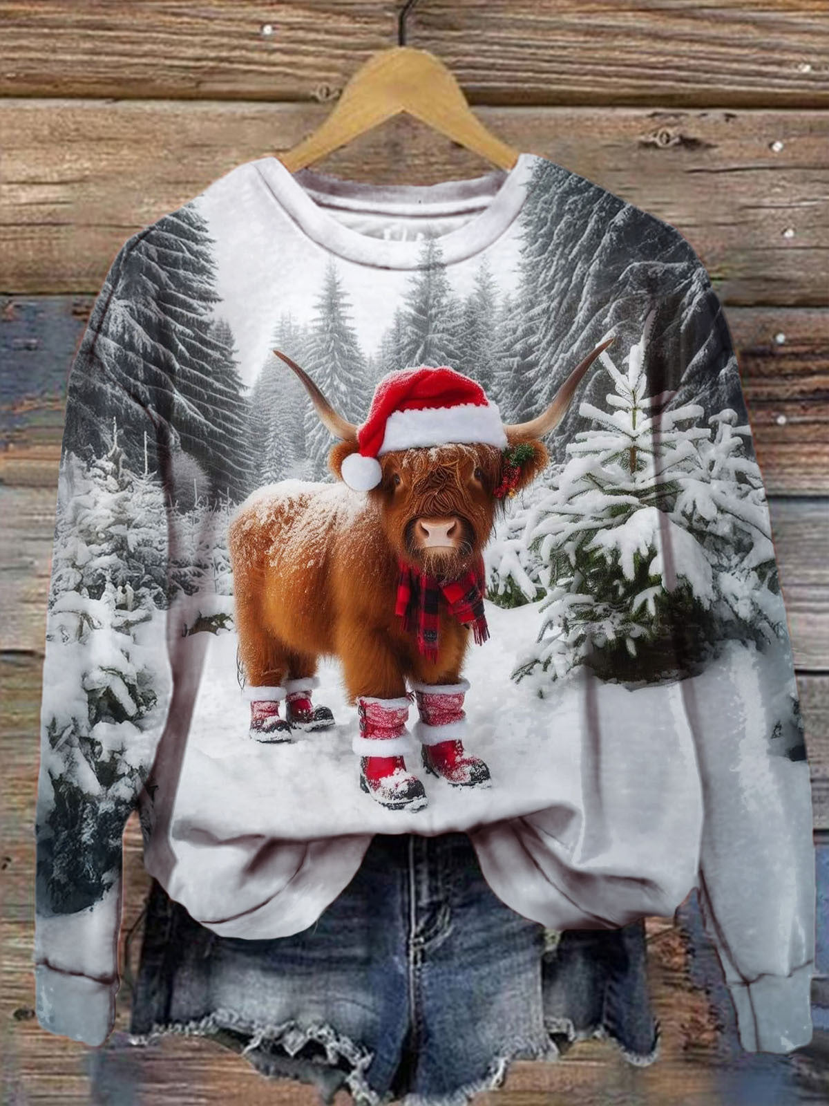 Cute Calf Christmas Tree Snow Scene Print Long Sleeve Top