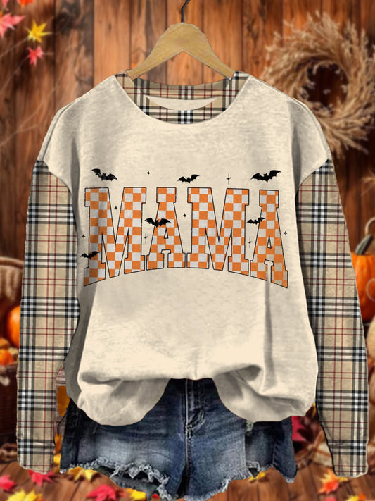 Women's Retro Mama Halloween Round Neck Long Sleeve Top