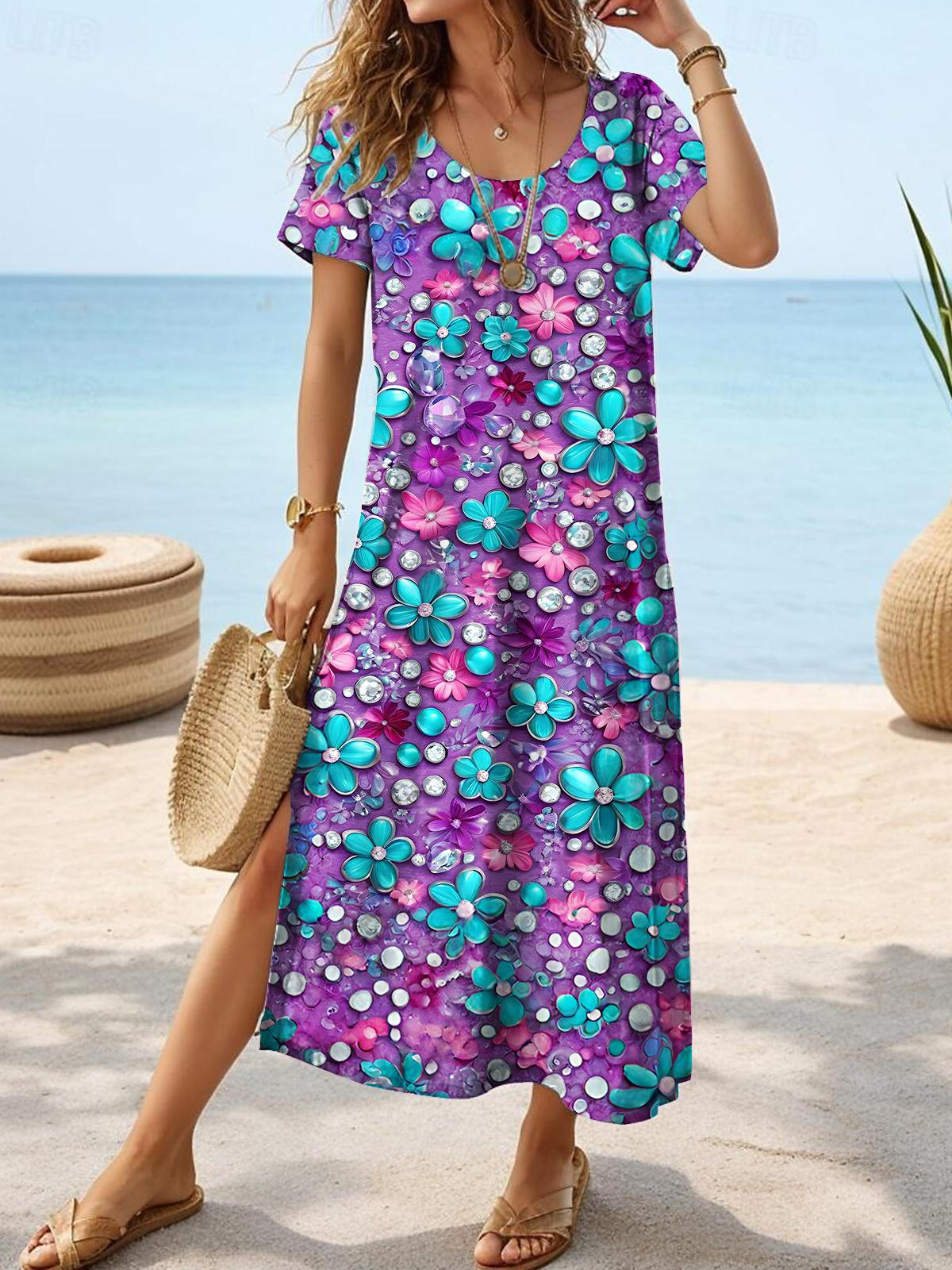 Romantic Seaside Flower Print Short Sleeve Crew Neck Dress