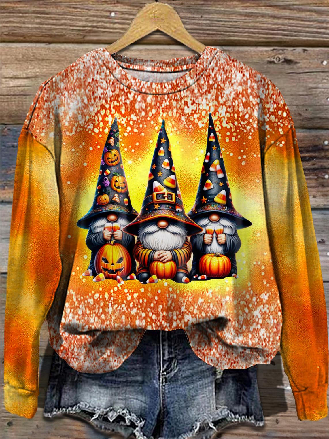 Women's Halloween Cute Gnome Round Neck Long Sleeve Top