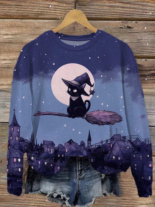 Women's Halloween Witch Cat Round Neck Long Sleeve Top