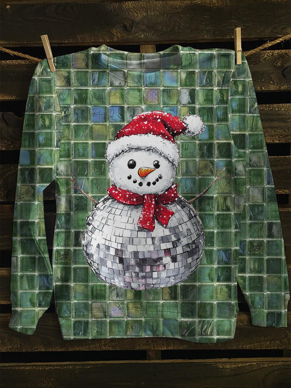 Cute Square Plaid Snowman Christmas Long Sleeve Casual Top