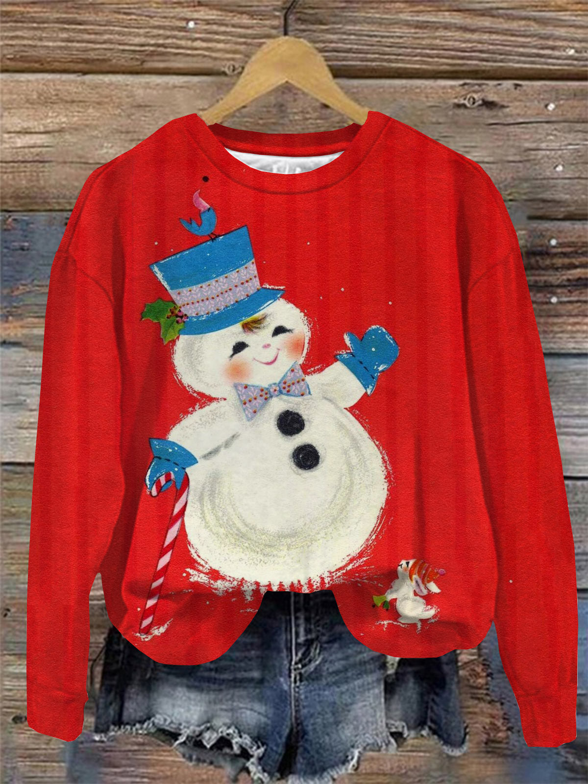 Cute Snowman Print Round Neck Long Sleeve Top