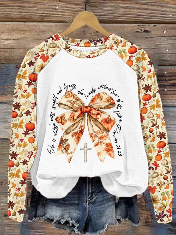 Women's Thanksgiving and Fall Vibes Bow Printed Long Sleeve Top