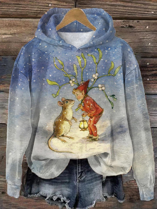 Christmas Cute Kids Mouse Moon Sky Print Long Sleeve Top