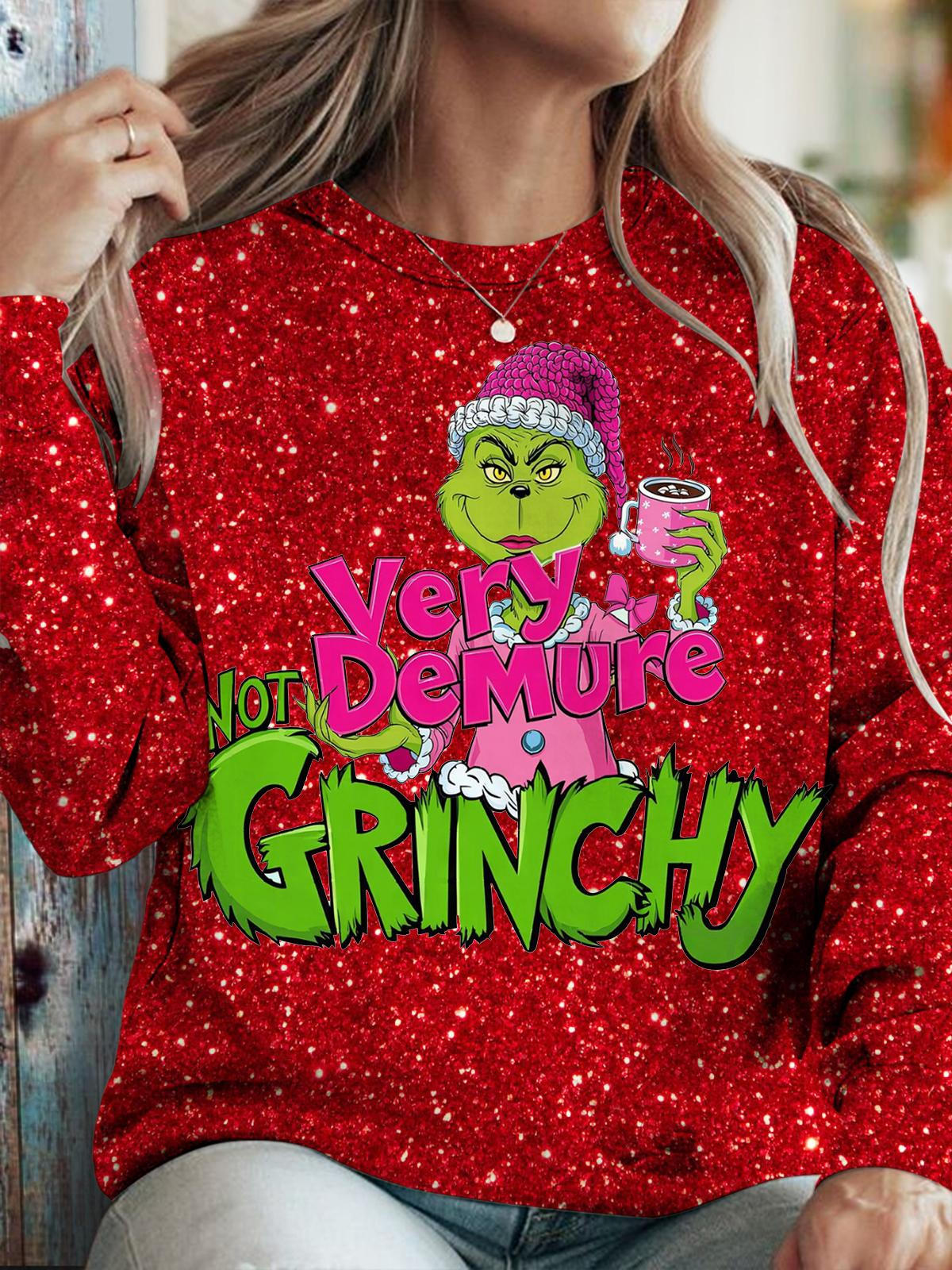 Very Demure Not Grinchy Faux Sequin Print Long Sleeve Top