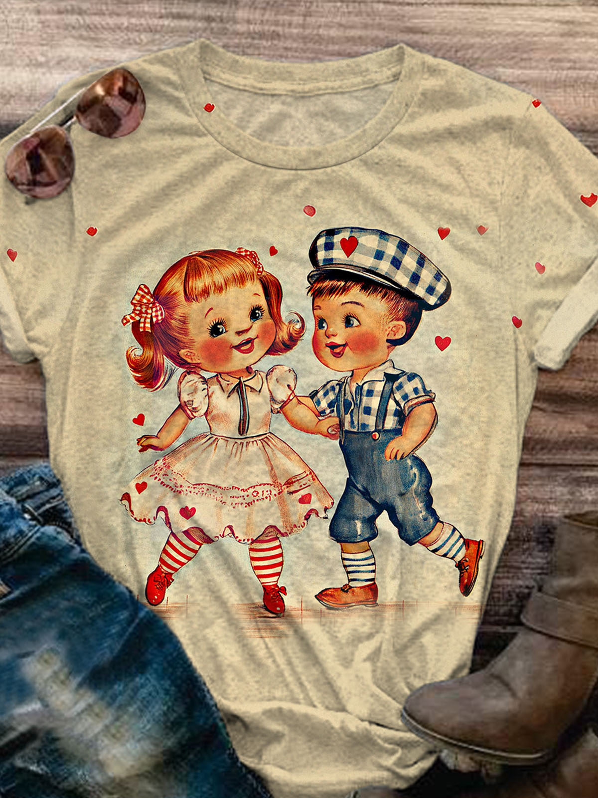 Women's Valentine's Day Vintage Girls Boys Printed Casual T-Shirt