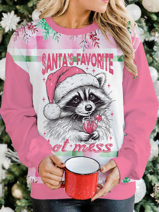 Women's Santa's Favorite Hot Mess Print Crew Neck Casual Sweatshirt