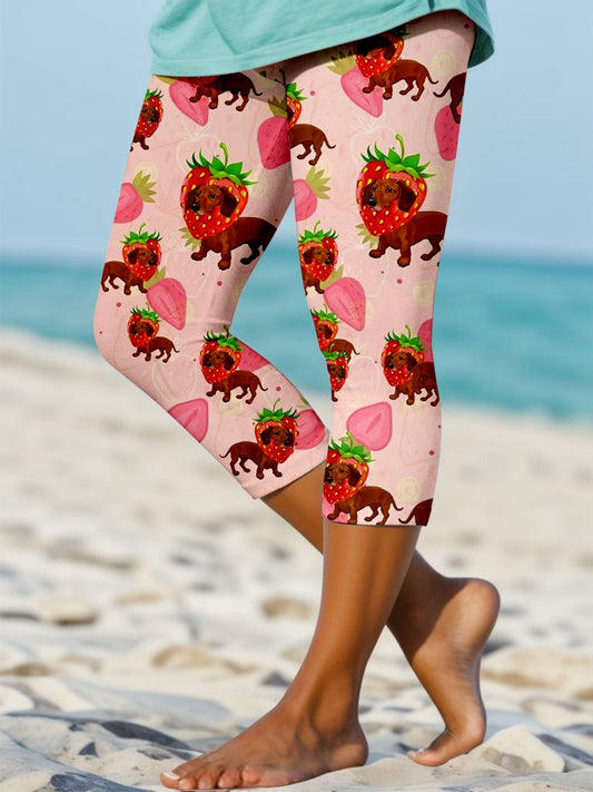 Cute Strawberry Puppy Print Stretch Leggings