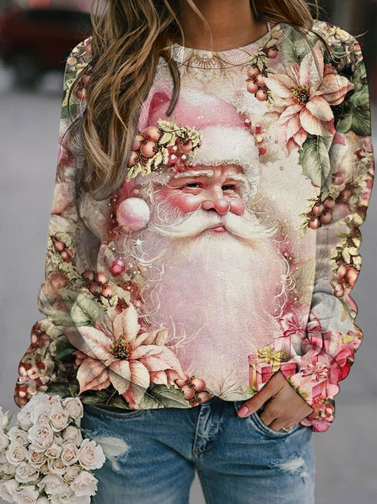 Women's Pink Vintage Santa Print Top