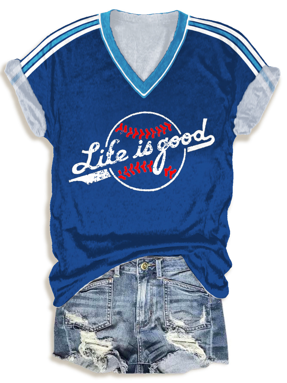 Retro Baseball Line Print V-neck T-Shirt