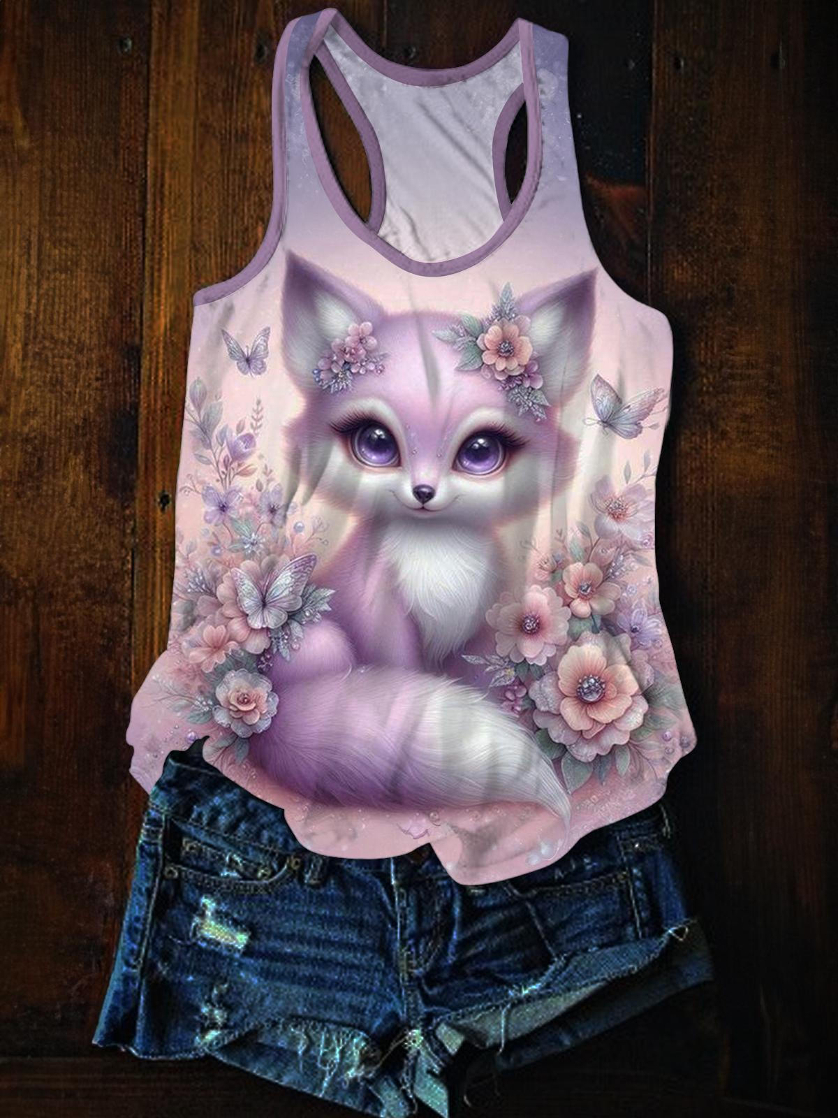 Cute Purple Baby Fox Printed Casual Tank Top