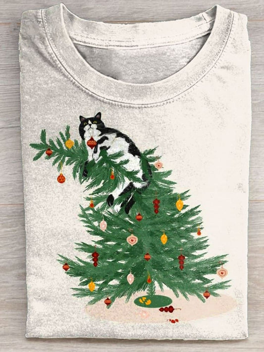 Christmas Cat Art Print Crew Neck T-shirt