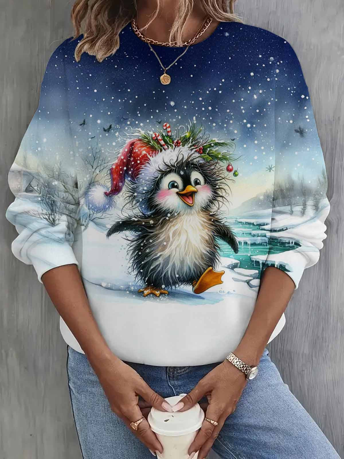 Women's Christmas Penguin Long Sleeve Casual Top