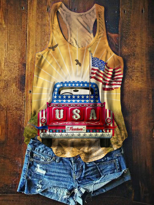 4th Of July Truck Print Casual Tank Top