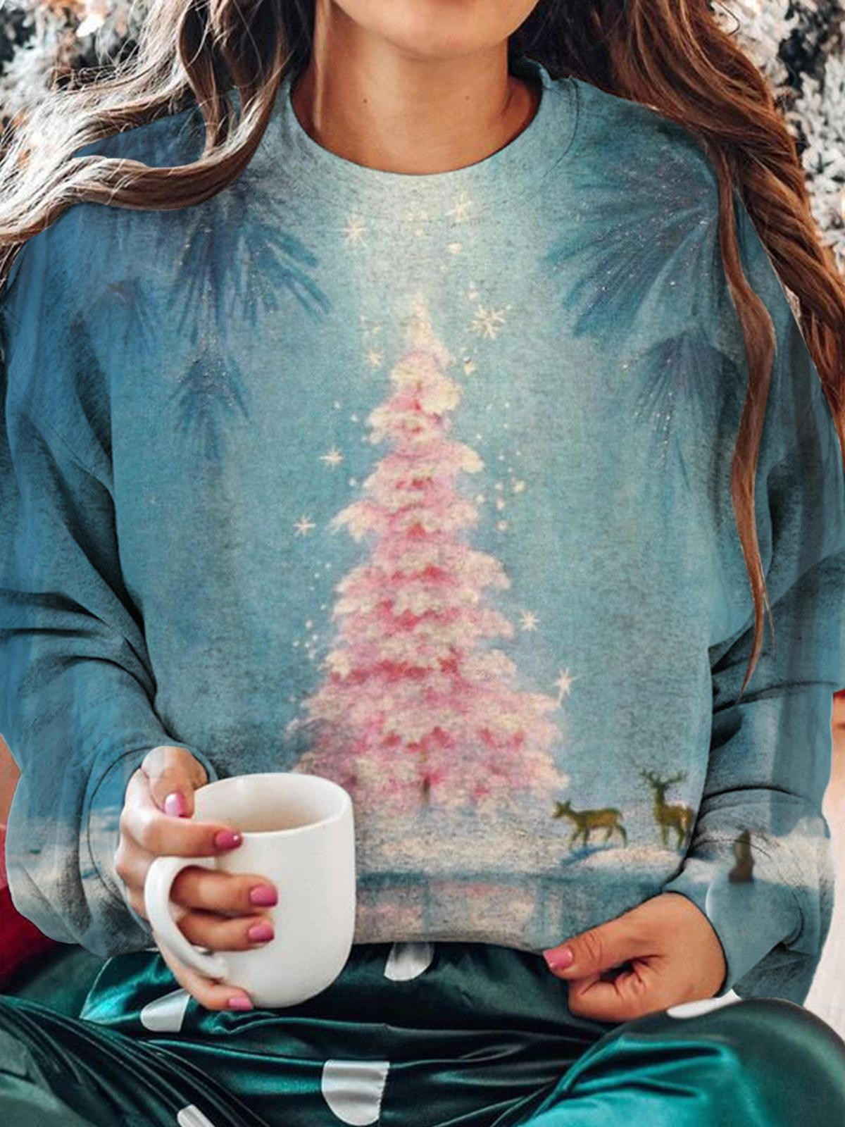 Holiday Reindeer Printed Long Sleeve Casual Top